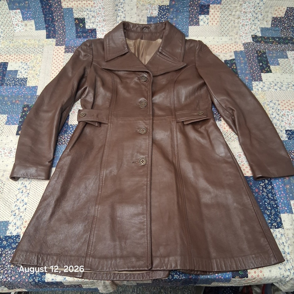 Vintage New England Sportswear Leather Coat Womens XS Brown 70s Mod Jacket Lined